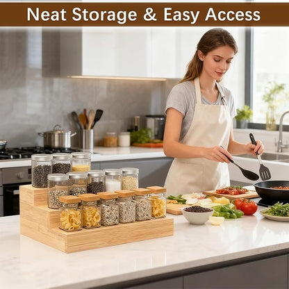 Bamboo Spice Rack for Cabinet, 3 Tier Spice Riser Shelf, 2 Pack Spices Stand for Pantry