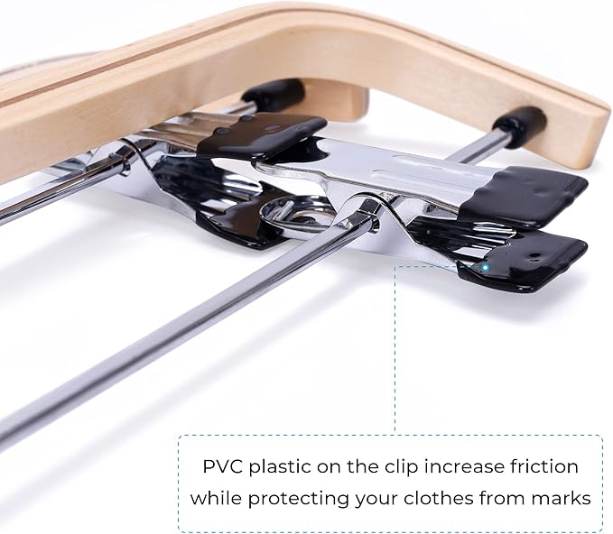 JS HANGER Natural Wooden Pants Hangers with Clips, 16 Pack Wood Skirt Hangers Trouser Hanger for Jeans, Slacks, Shorts with 2-Adjustable Clips