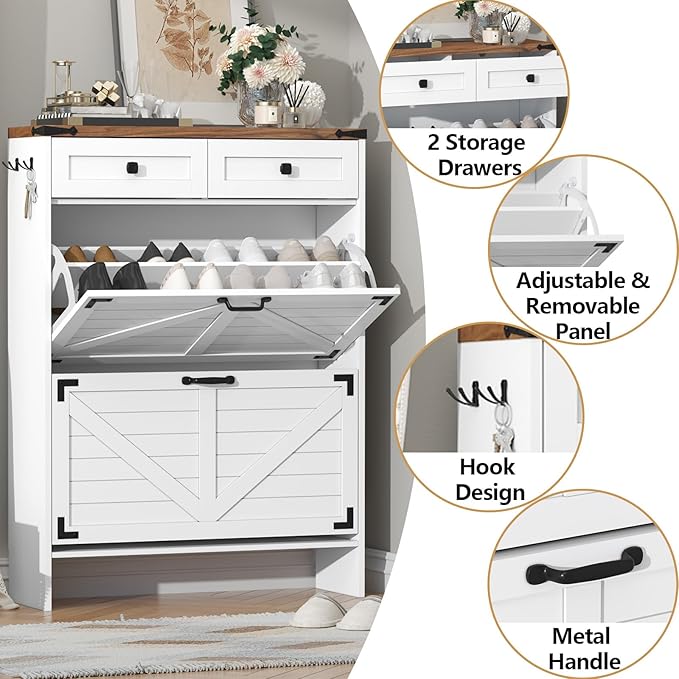 Shoe Storage Cabinet with Deodorizing Function, Farmhouse Narrow Hidden Shoe Rack Organizer Cabinet with 2 Flip Drawers & 2 Storage Drawers for Entryway, Hallway, Living Room, White