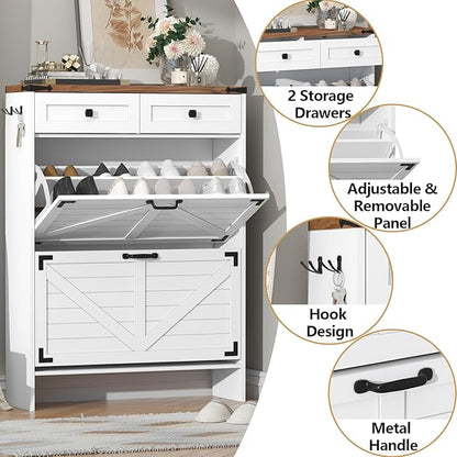 Shoe Storage Cabinet with Deodorizing Function, Farmhouse Narrow Hidden Shoe Rack Organizer Cabinet with 2 Flip Drawers & 2 Storage Drawers for Entryway, Hallway, Living Room, White