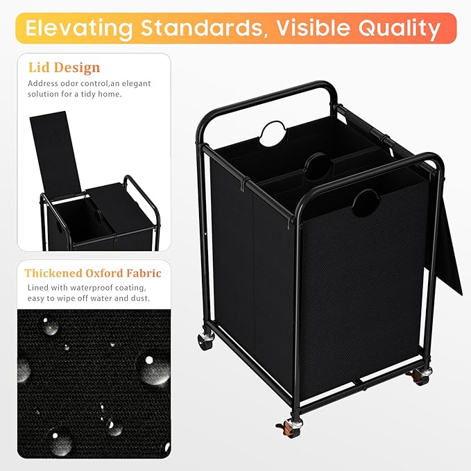 120L (31.7 Gal) Laundry Sorter 2 Section, Rolling Laundry Basket with Lockable Wheels and Lid, Laundry Hamper with 2 Separated Removable Bags Dirty Clothes Hamper for Laundry Room Organizer, Black