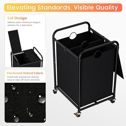 120L (31.7 Gal) Laundry Sorter 2 Section, Rolling Laundry Basket with Lockable Wheels and Lid, Laundry Hamper with 2 Separated Removable Bags Dirty Clothes Hamper for Laundry Room Organizer, Black