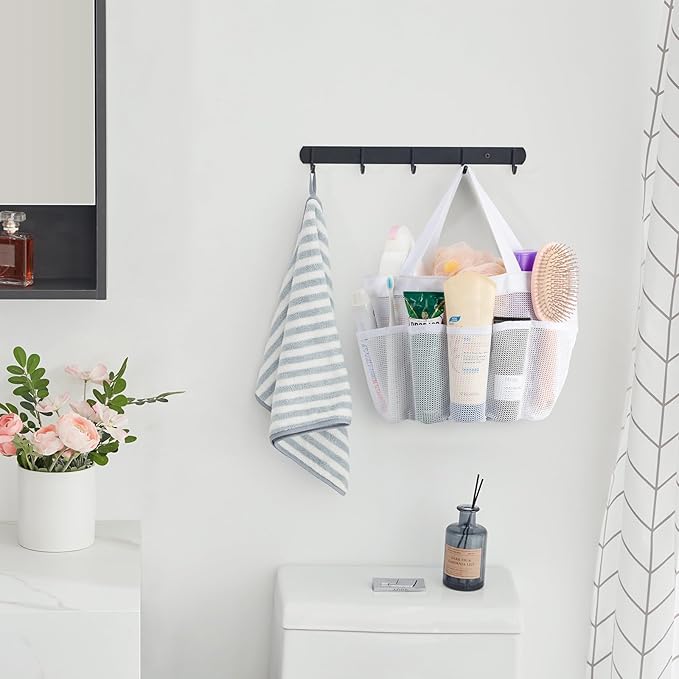 Lifewit Mesh Shower Caddy Portable for College Dorm Room Essentials with 7 Pockets, Freestanding Hanging Organizer Basket, Quick Dry Tote Bag for Camping, Bathroom, Beach, Travel, 1 Pack, White