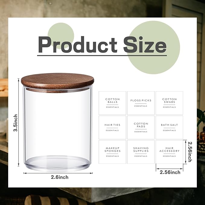Yaomiao 6 Cotton Pad Holder Bathroom Container, 10 oz Cotton Ball Swabs Dispenser, Clear Plastic Apothecary Jar Organizer with Bamboo Lids for Storage Floss Pick Makeup(Dark Brown)