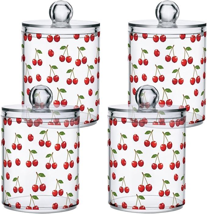 ALAZA 2pcs Red Cherry with Green Leaves Qtip Holder Dispenser 14 oz Bathroom Storage Clear Apothecary Jars Containers Cotton Ball,Cotton Rounds,Floss Picks, Hair Clips, Food