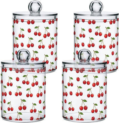 ALAZA 4pcs Red Cherry with Green Leaves Qtip Holder Dispenser 14 oz Bathroom Storage Clear Apothecary Jars Containers Cotton Ball,Cotton Rounds,Floss Picks, Hair Clips, Food