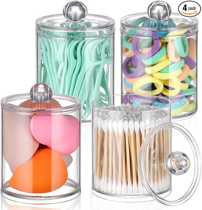 4 Pack Qtip Holder - Restroom Bathroom Organizers and Storage Containers,- 10 oz Clear Plastic Apothecary Jars set with Lids for Organizing Cotton Pads, Swabs, Balls, Floss