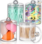 4 Pack Qtip Holder - Restroom Bathroom Organizers and Storage Containers,- 10 oz Clear Plastic Apothecary Jars set with Lids for Organizing Cotton Pads, Swabs, Balls, Floss