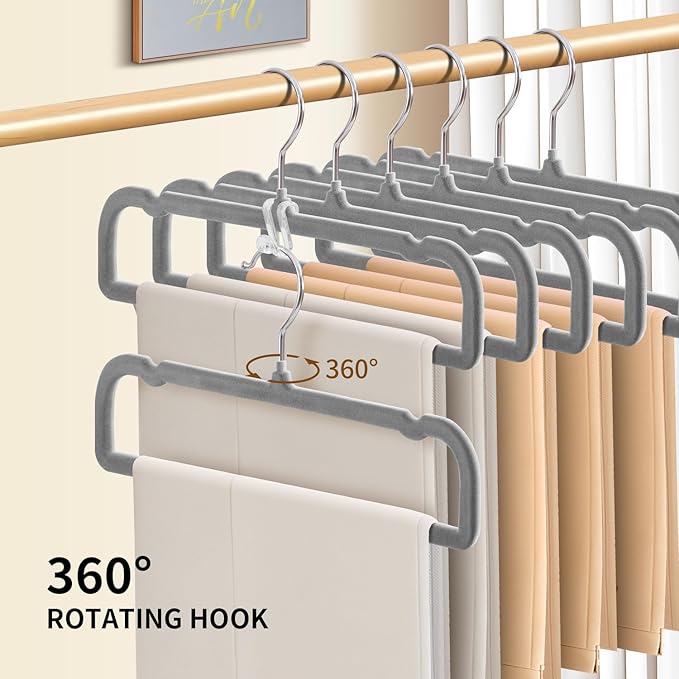 14 Inch 30 Pack Velvet Pants Hangers Non Slip,Slim Felt Jean Hangers with 10 Hooks and 2 Clips,Strong Durable Thin Space Saving Clothes Hanger with 360°Swivel Hook for Shorts,Skirts Bra(Grey)
