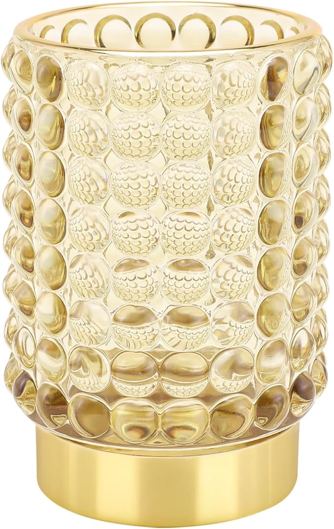 DASITON Makeup Brush Holder Organizer, Crystal Cosmetic Make Up Brush Holder, Glass Makeup Brushes Storage Organizer, Vintage Make Up Cup Desk Pen Pencil Holder, Toothbrush Holders (Yellow L)