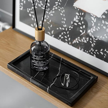 JIMEI Natural Real Marble Bathroom Vanity Tray Countertop 9'' Makeup Organizer for Dresser, Guest Towel Holder Tray Napkin Holder for Bathroom (Black)