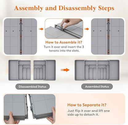 Lifewit Silverware Drawer Organizer, Expandable BPA Free Plastic Utensil Tray for Kitchen, Adjustable Flatware Cutlery Holder for Spoons Forks Knives, 21.3- 36 x 16.9", Gray