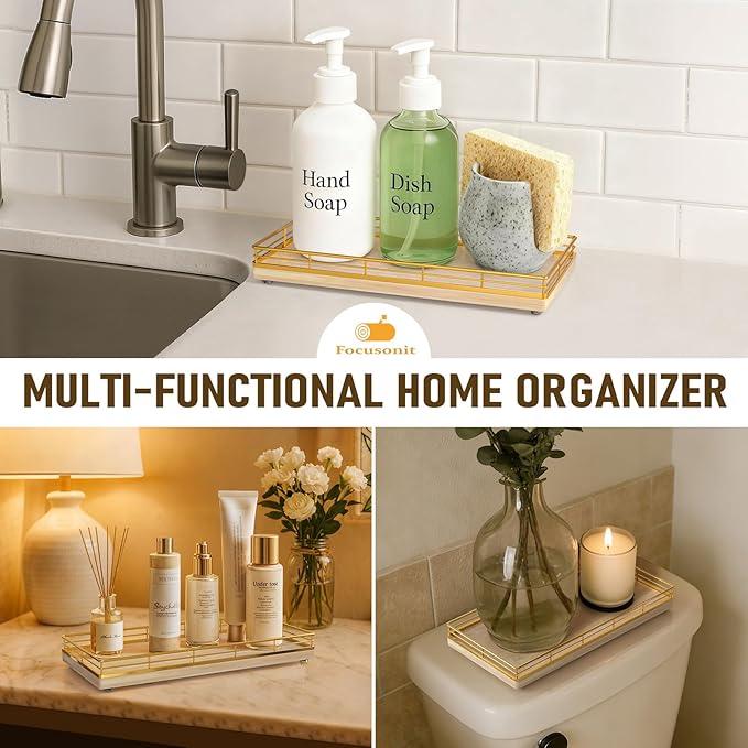 Bathroom Vanity Tray for Countertop, 12" x 6" Oak Wood Toilet Tank Tray with Metal Guardrail, Bathroom Organizer for Soap, Perfume & Skincare, Non-Slip Decorative Tray for Dresser, Gold & Natural Oak