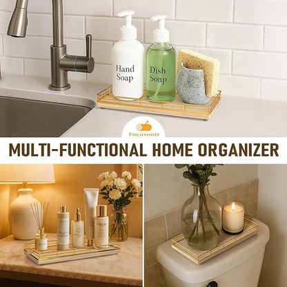 Bathroom Vanity Tray for Countertop, 12" x 6" Oak Wood Toilet Tank Tray with Metal Guardrail, Bathroom Organizer for Soap, Perfume & Skincare, Non-Slip Decorative Tray for Dresser, Gold & Natural Oak