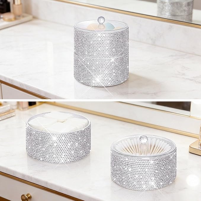 Bling Round Dispenser Stackable Apothecary Jar with Clear Lid ,Qtip Hold Bathroom Containers Cotton Ball & Swab Canister Vanity Organizer for Q-tip Cotton Round, Floss, Makeup Pads (2-Tier)