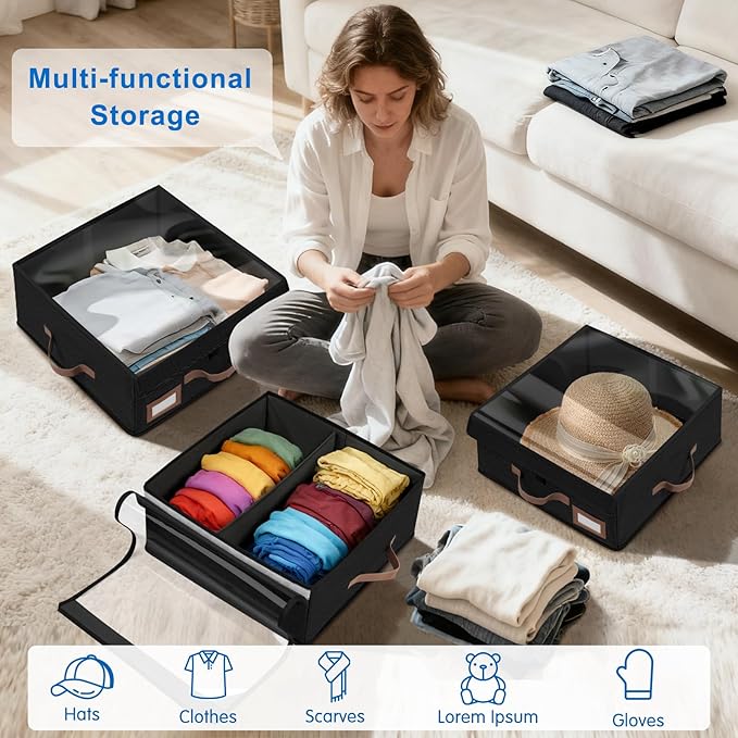 Dofilachy 2-in-1 Stackable Hat Storage for Baseball Caps with Clear Lid, Holds 28-32 Caps - Adjustable Space Hat Organizer for Baseball & Cowboy Hats, Closet Box for Men & Women (Black)