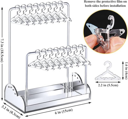 NiHome Acrylic Earring Holder with Unique Double-Tiered Design, Cute Miniature Clothing Hangers with Spacious Storage for 48 Pairs, Display for Home Vanity & Retail Showrooms (Silver, With Tray)