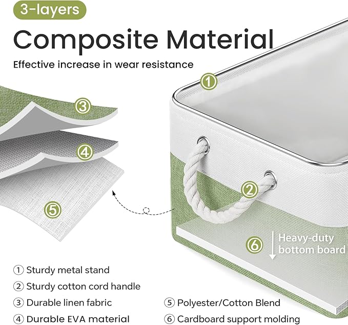Large Storage Baskets- 15.7x11.8x8.26 inch Storage Bins for Shelves and Closet Organizing, Foldable Fabric Bin for Home Organization Clothes and Laundry (3-Pack, White&Green)