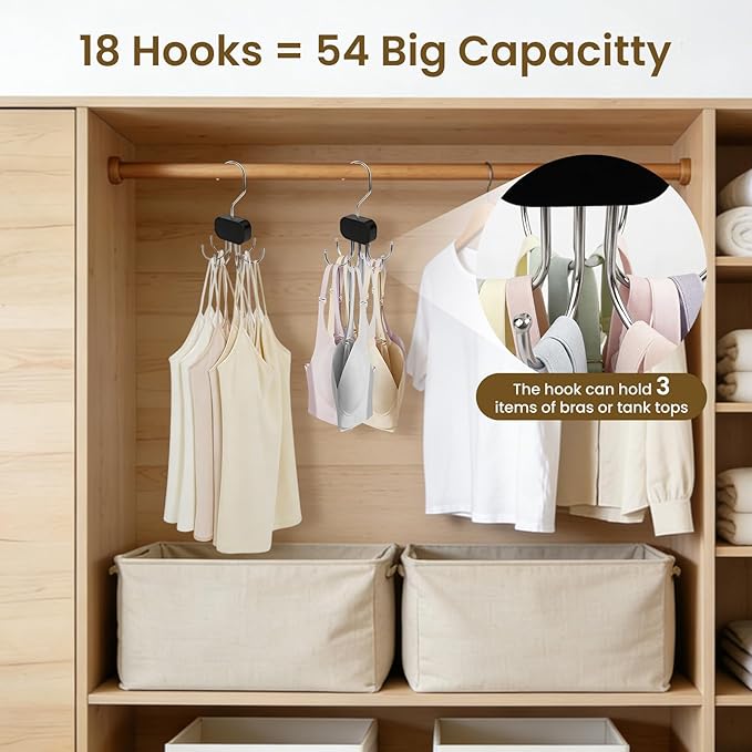 3 Pack Tank Top Hanger, Rotatable Bra Organzier for Closet, Bra Hanger for Closet Organizer, 360° Rotating & Foldable, Metal and Wood, Space-Saving Belt Hangers for Tank Tops, Belt, Tie (Black)