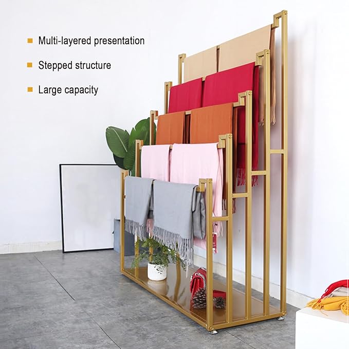 Floor Standing Scarf Display Stand, Metal Freestanding Scarf Holder Organizer, Towel Rack for Commercial Clothing Retail Store Sheets Suit Pants (Color : Gold, Size : 80X40X150CM)
