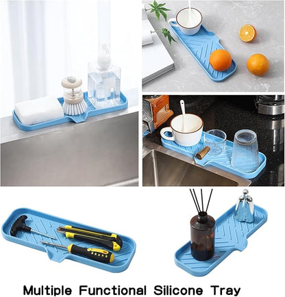 MicoYang Silicone Bathroom Soap Dishes with Drain Spout-Bathroom and Kitchen Sink Organizer,Sponge Holder,Dish Soap Tray,Perfect for Dispenser,Scrubber,Bottle on Sink or Counter-Light Blue 12"×4"