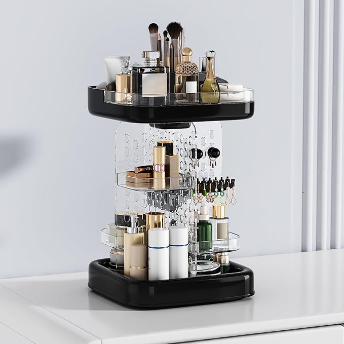 360 Rotating Makeup Organizer for Vanity & Countertop, Clear Adjustable Height Tiered Cosmetic and Skincare Storage, Spinning Perfume and Brush Holder, Jewelry Accessories Desktop Organizer, White