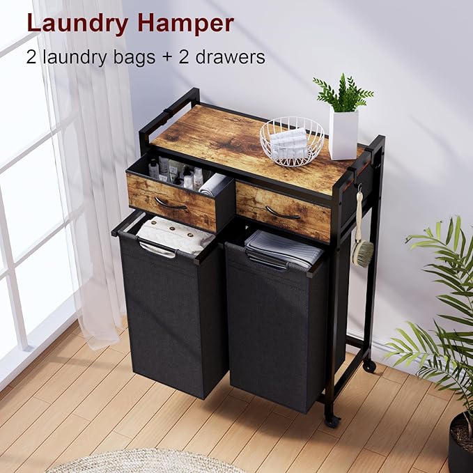 Timberer Laundry Hamper, Laundry Sorter 2 Section, Rolling Laundry Basket with Wheels, 2 Drawers, 2 × 14.5 Gal (55 L), Pull-Out and Removable Oxford Fabric Bags, Black and Rustic Brown