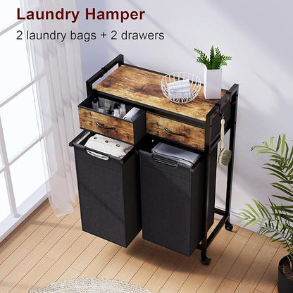 Timberer Laundry Hamper, Laundry Sorter 2 Section, Rolling Laundry Basket with Wheels, 2 Drawers, 2 × 14.5 Gal (55 L), Pull-Out and Removable Oxford Fabric Bags, Black and Rustic Brown