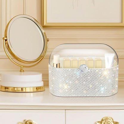 Bling Makeup Organizer with Lid,Shiny Large Capacity Cosmetic Display Case, Easy to Hold Your Makeup Products Lipstick/Makeupbrushes/Eyeliner/Skincare Products