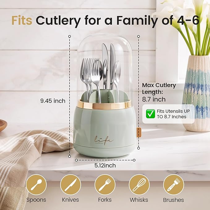 360°Utensil Holder Silverware Organizer with Lid, kitchen countertop flatware organizer and Countertop Storage,Forks, Knives and Spoons Organizer,7 Slots and Intermediate Device with Cover.（green）