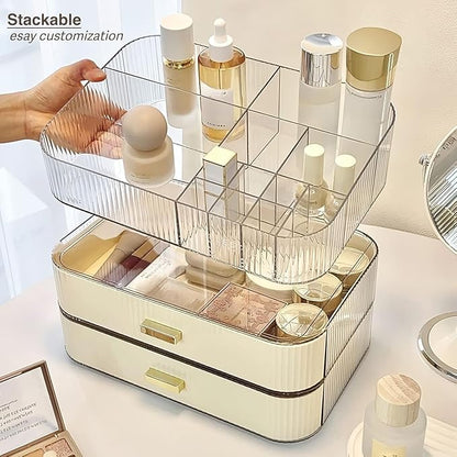 Makeup Organizer with Wide Drawer for Vanity, Stackable Cosmetic Organizer Countertop, Clear Skincare Storage for Bathroom Counter, Perfume, Lipstick, Brushes and Palettes, Cream White