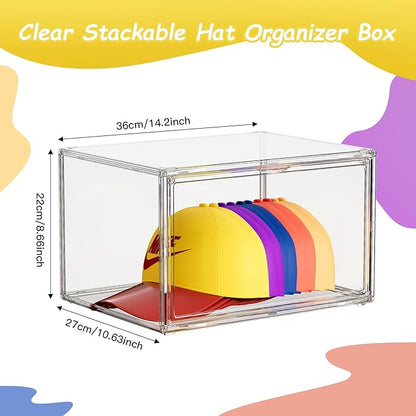 Hat Organizer Box, 2 Pack Hat Storage for Baseball Caps, Stackable Cap Hat Container Holder Rack with Magnetic Lids, Dustproof and Waterproof Acrylic Dispaly Case