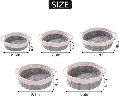 YMhoart Small Storage Woven Baskets Shelves Natural Cotton Rope Bins with Handle Toilet Tank Paper for Countertop Cute Gifts Organizing Mini Nursery 5 Set box (White & Gray)