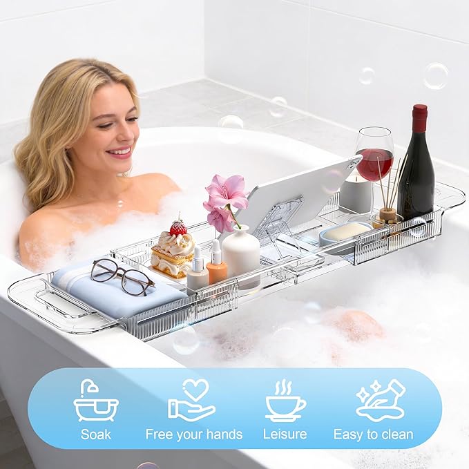 Expandable Bathtub Tray Caddy, AZ. MIFENO Clear Acrylic Bath Tray for Tub for Bath Relaxing, Foldable Bath Table Trays Luxury Spa Bathtub & Bathroom Accessories for Women Gift (Clear)