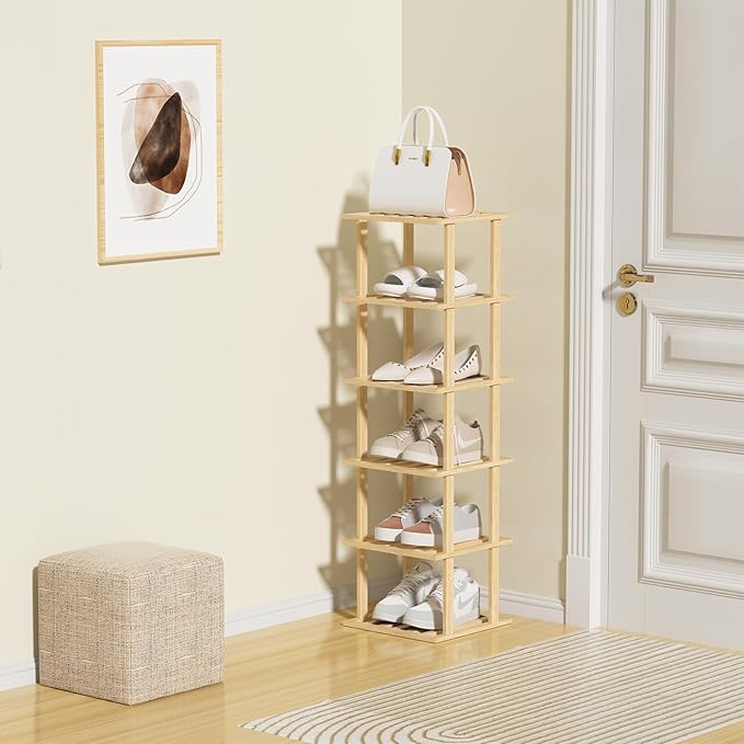 SHIISEWE Bamboo Shoe Rack - Vertical Skinny Shoe Shelf Space Saving Storage, Front Door Entrance Closet Corner Garage