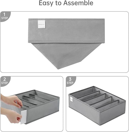 4 Packs T-shirt Drawer Organizers for Clothing,5 Grids Compartment Wardrobe Storage Box, Washable Clothes Organizer for Folded Clothes, T-shirt, Legging, Silk Scarve-Grey