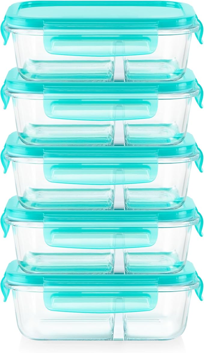 Pyrex Glass MealBox (5-Pack, 2.3 Cup) Divided Compartments with Locking Lids, For Meal Prepping and Portioning, BPA Free Microwave Dishwasher Safe