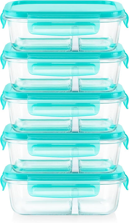 Pyrex Glass MealBox (5-Pack, 2.3 Cup) Divided Compartments with Locking Lids, For Meal Prepping and Portioning, BPA Free Microwave Dishwasher Safe