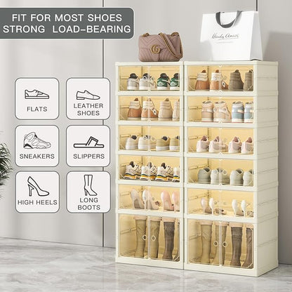 Dimmeda 6 Tiers Foldable Shoe Rack Organizer for Closet with Wheels, 24Pairs Plastic Collapsible Shoe Shelf for Front Door Entrance Stackable Clear Folding Shoes Storage Boxes Tall Shoe Cabinet