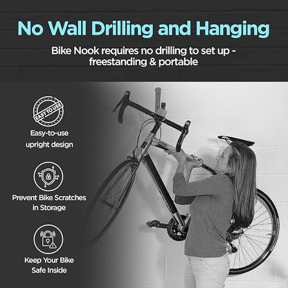Bike Nook Bike Stand & Vertical Storage Rack The Original Vertical Bicycle Floor Stand for Garage Storage and Indoor and Outdoor use, Perfect Bike Accessories for Small Spaces with No Drilling