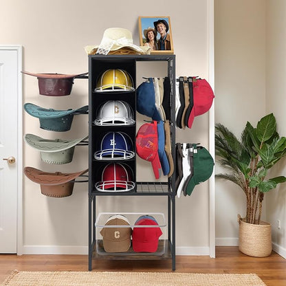 Meangood Hat Holder Stand, 5 Tier Big Capacity Hat Organzier Display Rack with Deep Pockets Remove Hooks for Storage Baseball, Cowboy, Caps Boxes, Western Rustic Brown