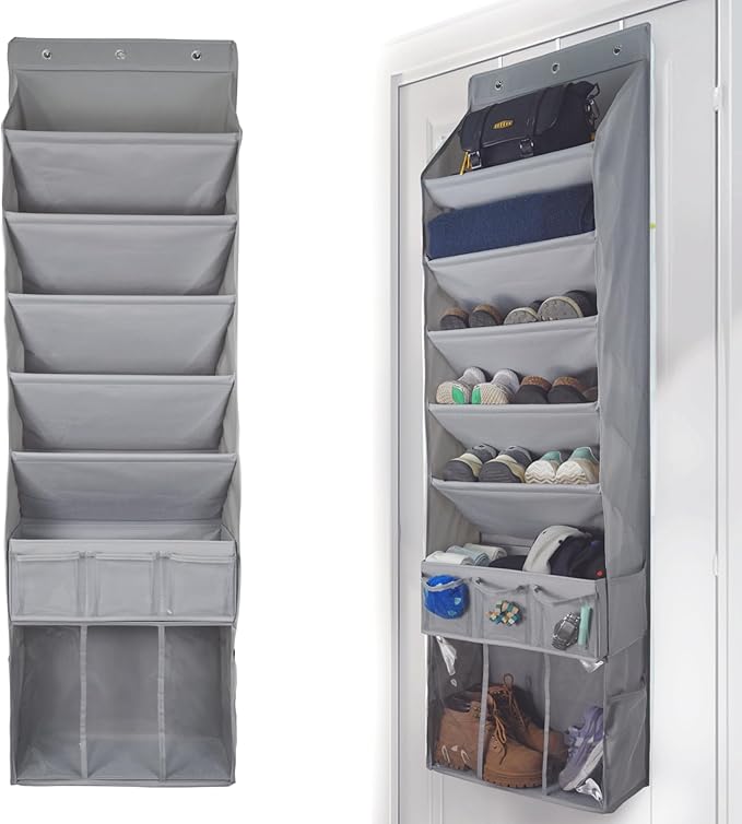 3in1 Over The Door Shoe Organizer with 5 Slanted Compartments,Removable Storage Bin & Transparent Pockets,Thickened Waterproof Oxford Fabric Shoes Rack for Shoes,Boots,Toys,Daily Essentials. (Grey)