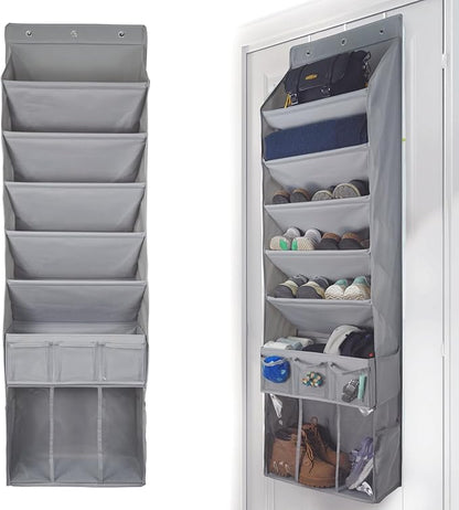 3in1 Over The Door Shoe Organizer with 5 Slanted Compartments,Removable Storage Bin & Transparent Pockets,Thickened Waterproof Oxford Fabric Shoes Rack for Shoes,Boots,Toys,Daily Essentials. (Grey)