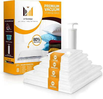 Vacuum Storage Bags,8 pack with Hand Pump .(2 Jumbo,2 Large,2 Medium,2 Small) Space Saving solution for Storage,Travel,Moving purposes.
