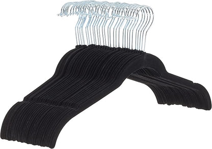 Amazon Basics Space-Saving Slim Velvet Non-Slip Clothes Hangers for Closet Organization with Shoulder Notches, Black/Silver, 30-Pack