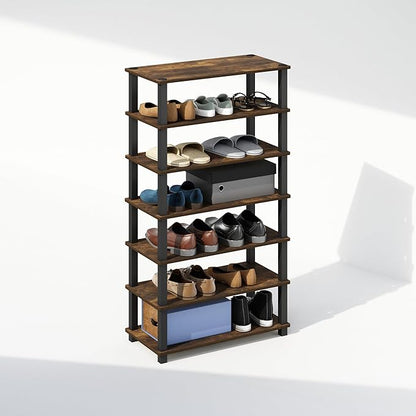 Furinno Turn-S-Tube Set of 2 Shoe Rack, 4-Tier Shoe Organizer, Shoe Storage with Multipurpose, 11.6 x 23.6 x 22.3, for Closet Entryway, Office, Garage, Amber Pine/Black