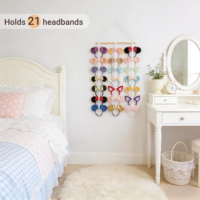Dahey Mouse Ears Headband Holder Organizer Wooden Hanging Hairband Storage Display Hair Accessories for Girls Bedroom Living Room Wall Decor