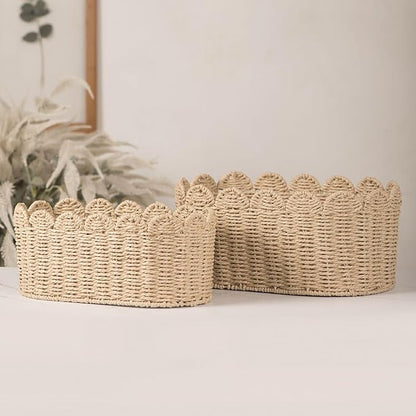 Set of 2 Scalloped Basket, Wicker Storage Baskets, Hand Woven Baskets for Shelves,Natural Baskets for Organizing (Ellipse-16"L x 10"W x 7"H)