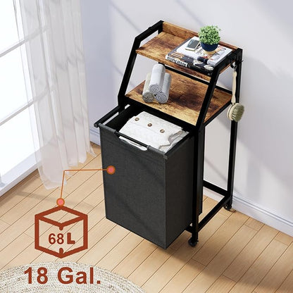 Timberer Laundry Hamper, Laundry Sorter, Rolling Laundry Basket with Wheels, 2 Shelves, 18 Gal(68L), Pull-Out and Removable Oxford Fabric Bags, for Laundry Room, Black and Rustic Brown
