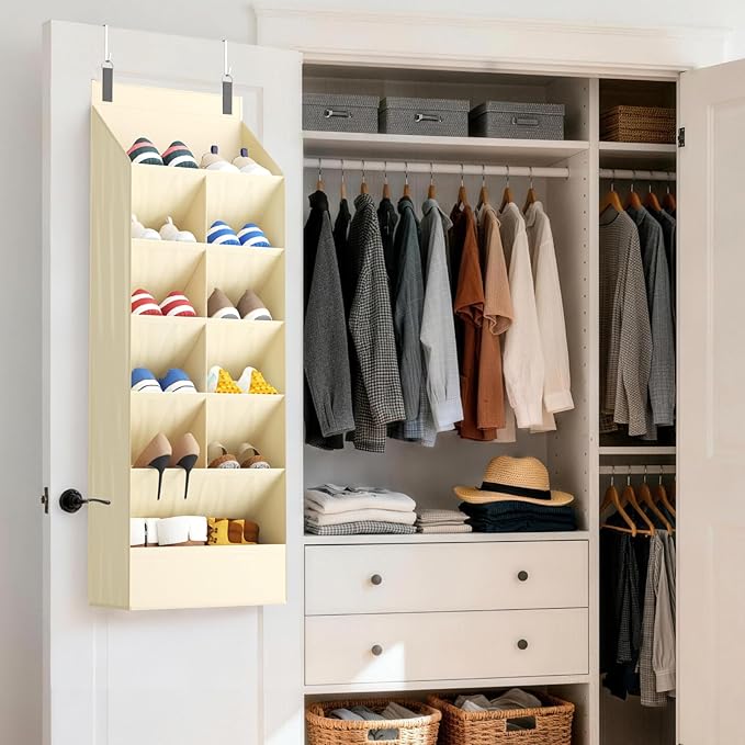 Lifewit 6 Tier Over the Door Shoe Organizer with 11 Large Deep Pockets, Fabric Hanging Shoes Shelf for Closet, Dorm Storage, Fit Up to 12 Pair Shoe Rack Holder for Sneakers, Boots, Beige